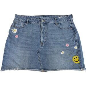 Old Navy Skirt Womens 22 Blue Denim Higher High Rise Embroidered Flowers‎ Sun